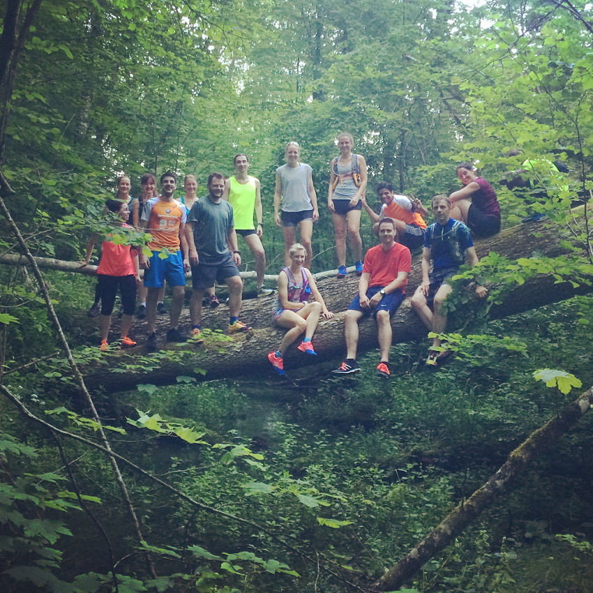 Getreu dem Motto: "Never stop exploring" sind die Teilnehmer mutig für das Gruppenbild auf die Baumstämme gekraxelt.