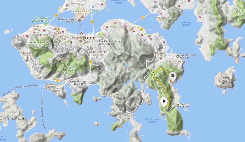 Lage und Strecke des Dragon's Back Trail auf Hongkong Island. Erstellt mit meiner Suunto Ambit 3 Sport.