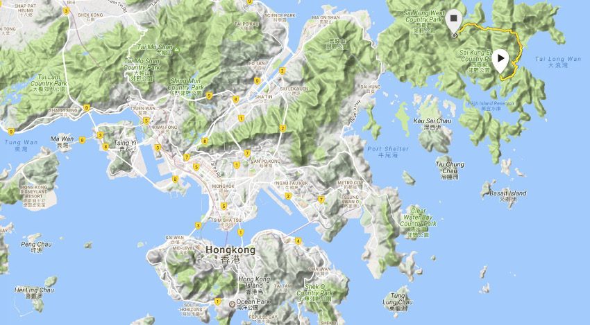 Lage und Strecke des zweiten Abschnitts des MacLehose Trail  in den New Territories von Hongkong. Erstellt mit meiner Suunto Ambit 3 Sport.